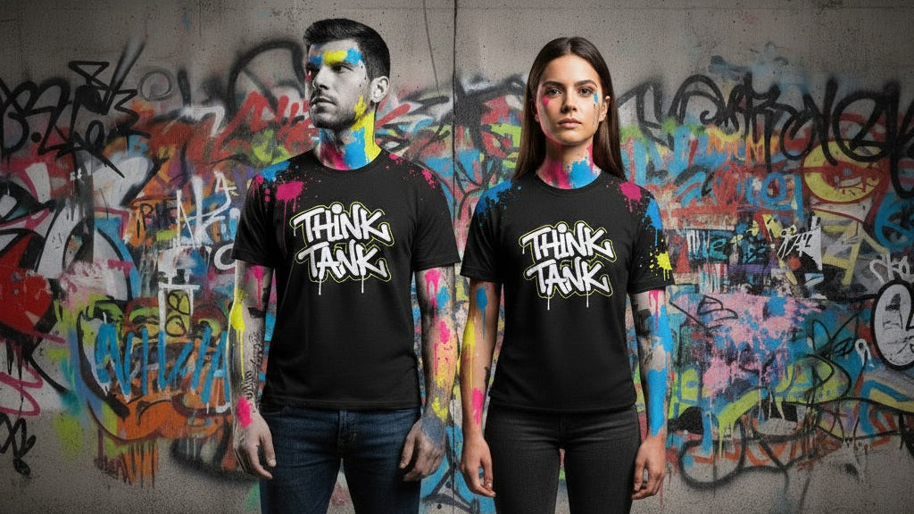 Two people wearing 'Think Tank' t-shirts in front of a graffiti-covered wall.