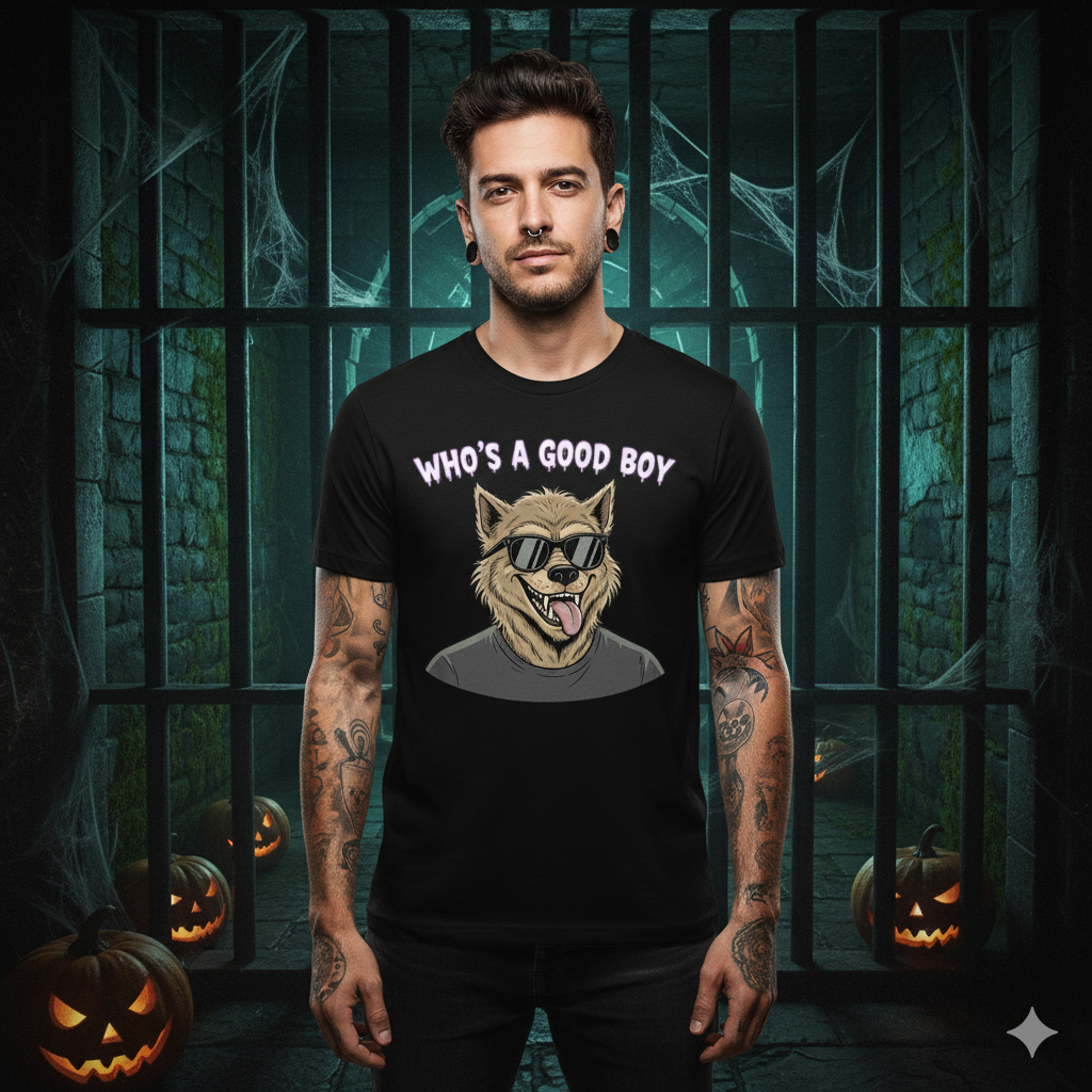 Man wearing a black t-shirt with a graphic design of a wolf and text, standing in front of a Halloween-themed background with pumpkins and cobwebs.